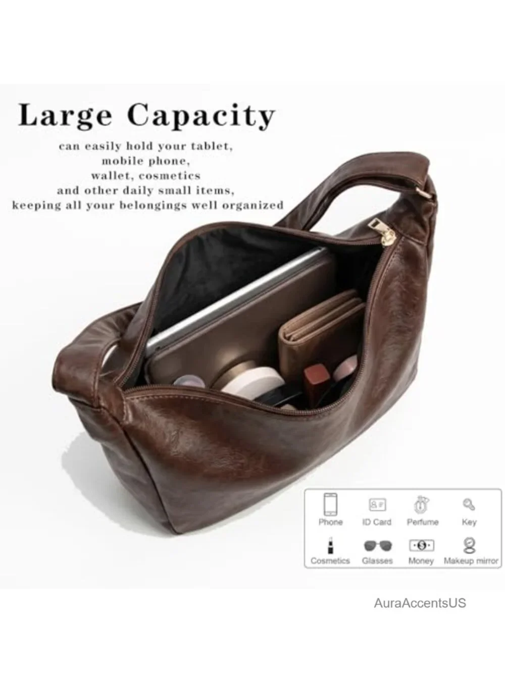 Vegan Leather Hobo Bag for Women, Soft Slouchy Shoulder Purse, Foldable Travel